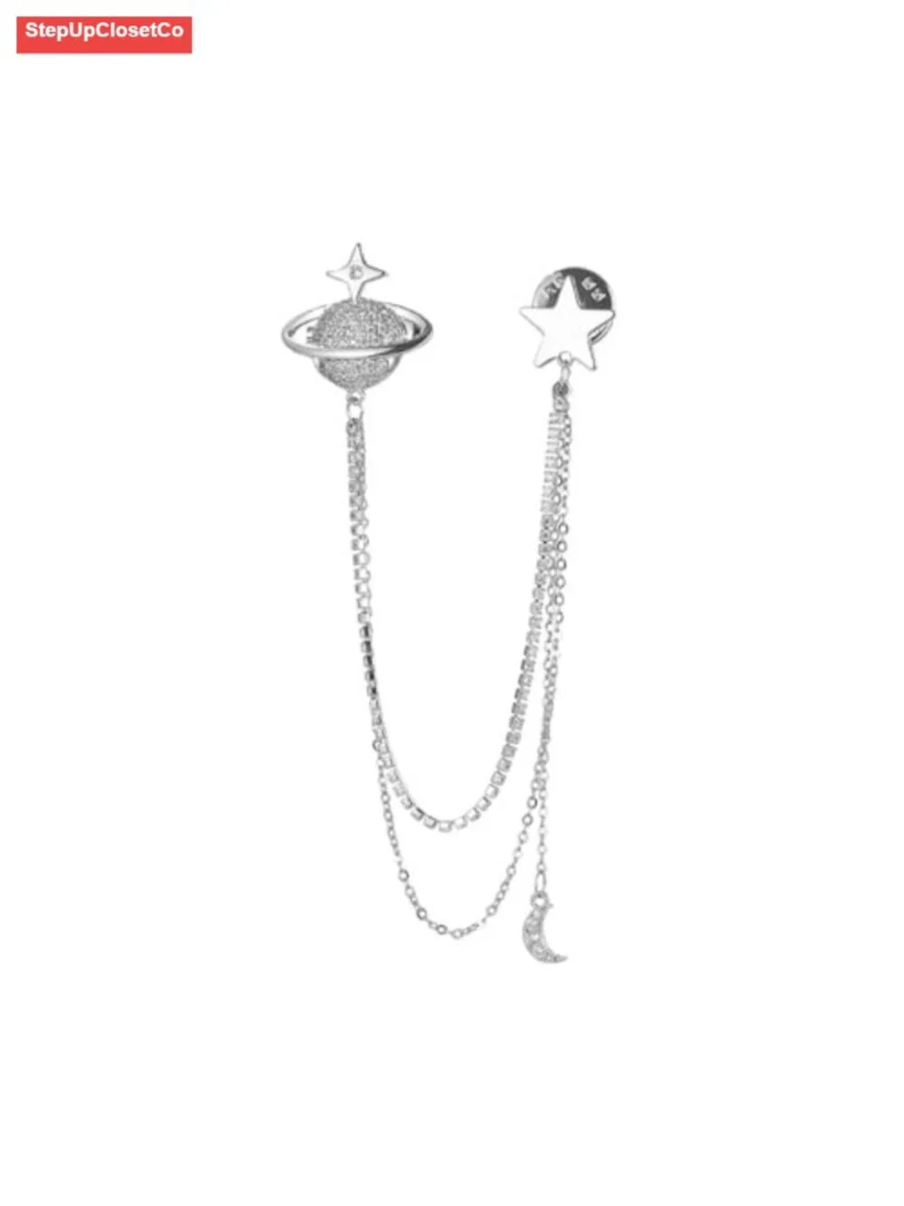 Cosmic Planet Star Brooch Pin Rhinestone Celestial Dangle Tassel Chains Lapel